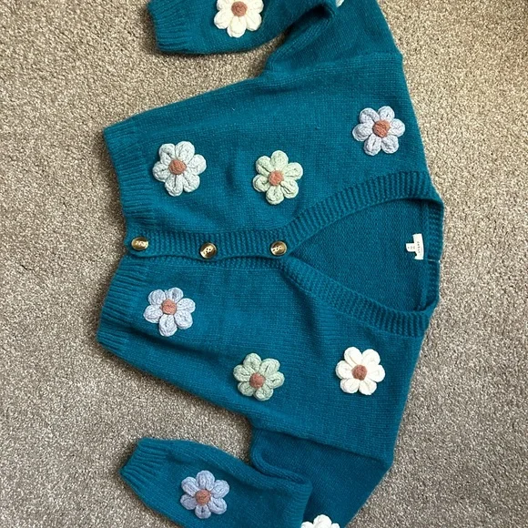 Teal Kids Cardigan with Floral Design - Picture 1 of 5